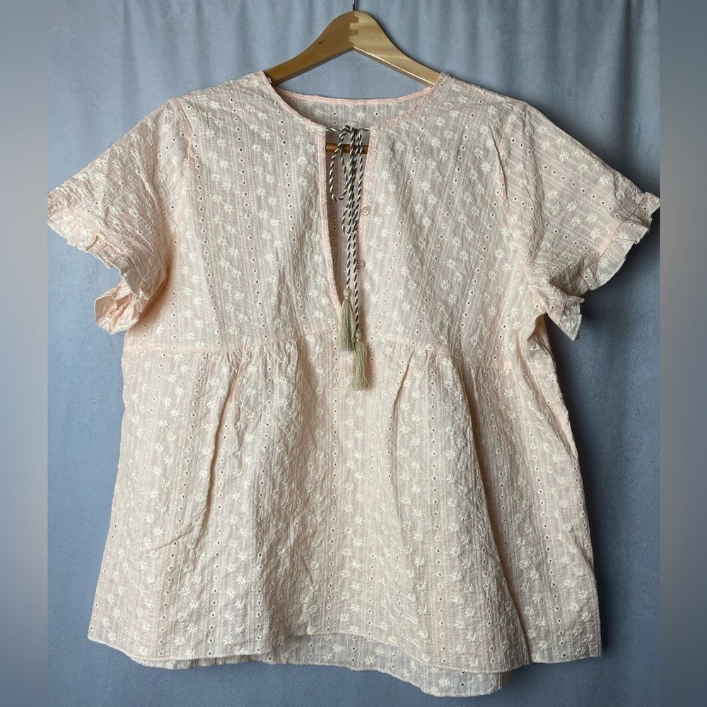 Boho Babe Eyelet embroidered tassel Feminine light pink Blouse Cotton XL